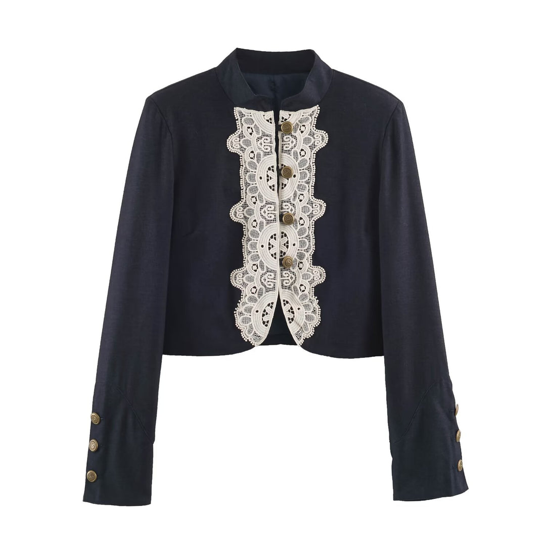 Women Short Bolero Blazer with Lace Front and Decorative Button Details Drune