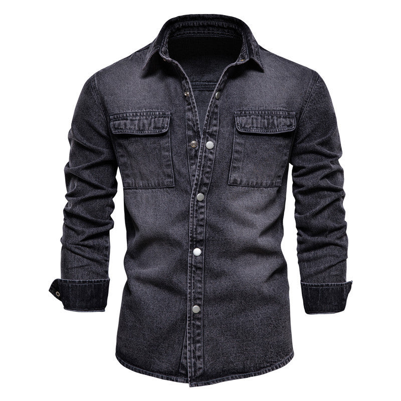 Men's casual jeans overshirt with snap button placket, patch chest pockets, and classic shirt collar Mune Fashion