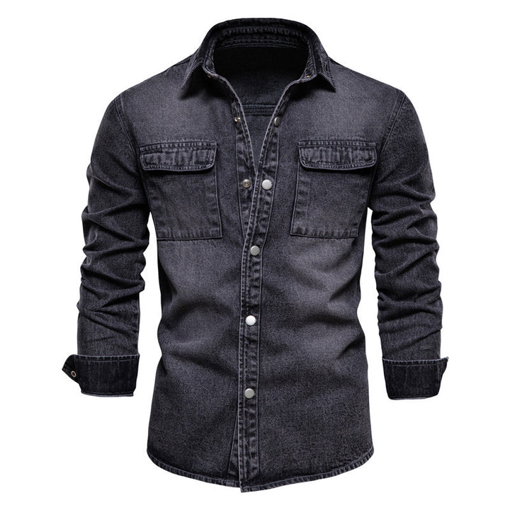 Men's casual jeans overshirt with snap button placket, patch chest pockets, and classic shirt collar Mune Fashion