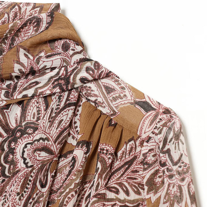 Women Printed Wrap Blouse with Shawl Collar and Balloon Sleeves Mune Fashion