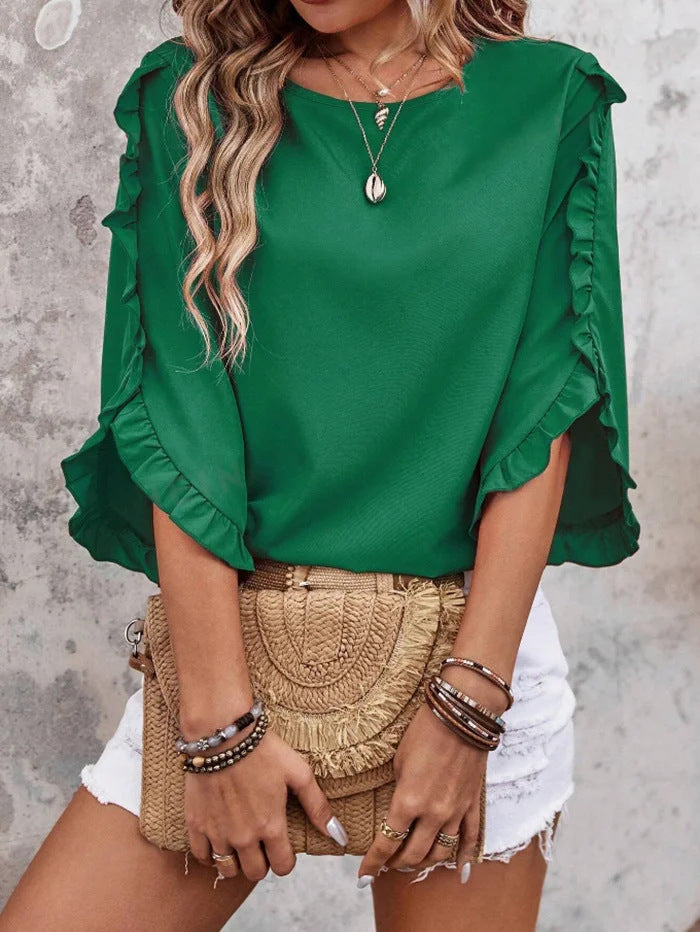 Women's Lightweight Ruffle Cape Top with Wide Batwing Sleeves Drune