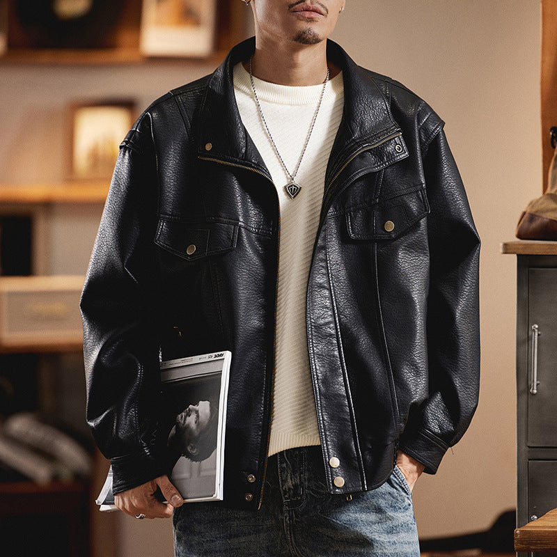 Men's Oversized Faux Leather Jacket in Worker Look with Flap Pockets Mune Fashion