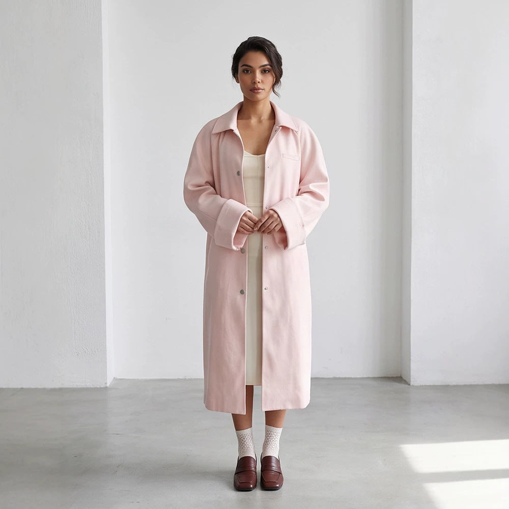 Women's midi coat made of wool blend with dropped shoulders and concealed snap button placket Mune Fashion