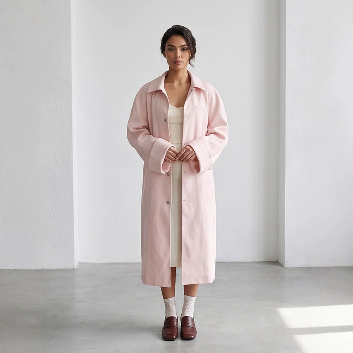 Women's midi coat made of wool blend with dropped shoulders and concealed snap button placket Mune Fashion