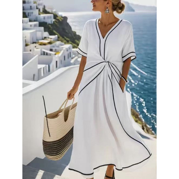 Women's maxi dress with V-neck, side knot and contrast piping Mune Fashion