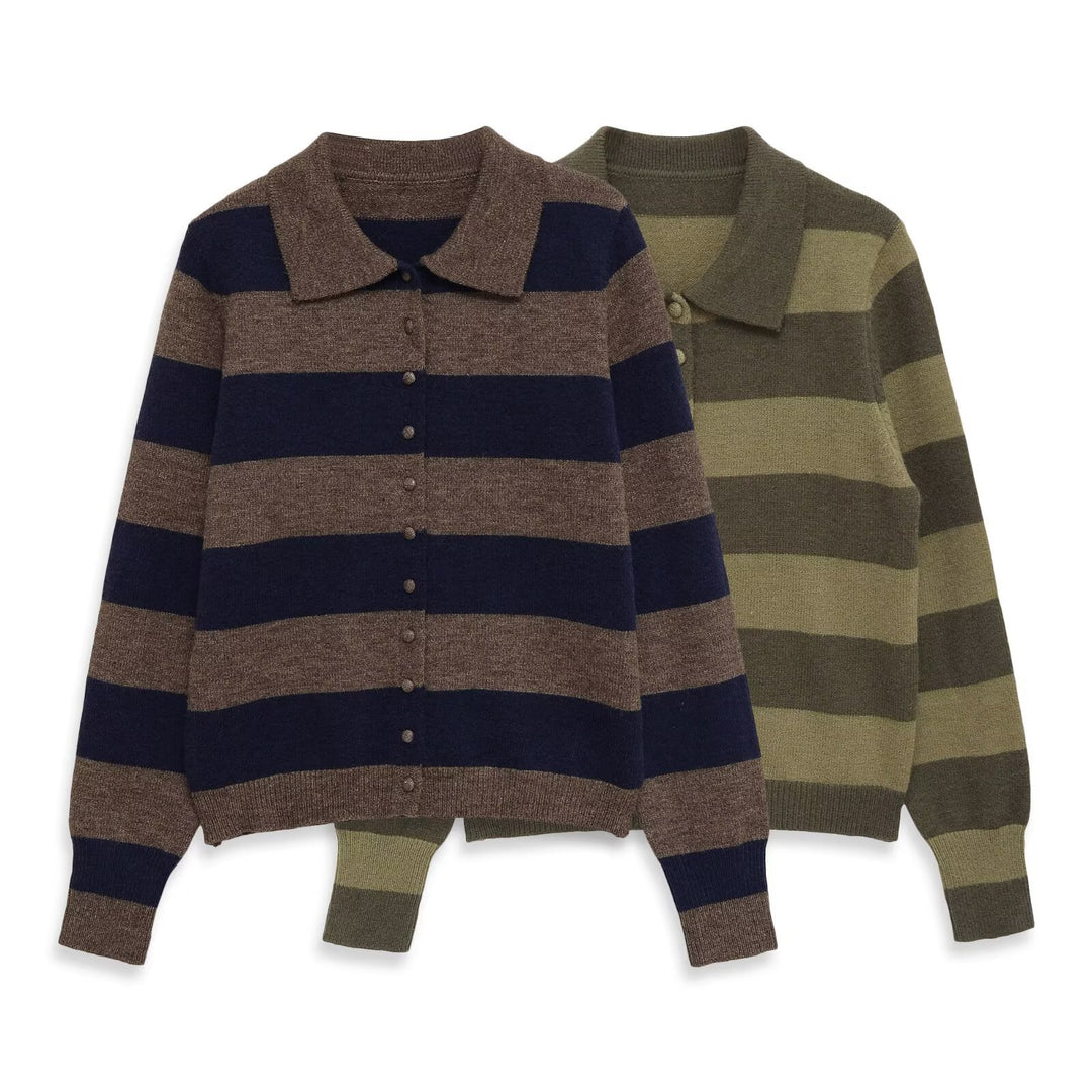 Women's Striped Knitted Cardigan with Shirt Collar and Button Placket Mune Fashion