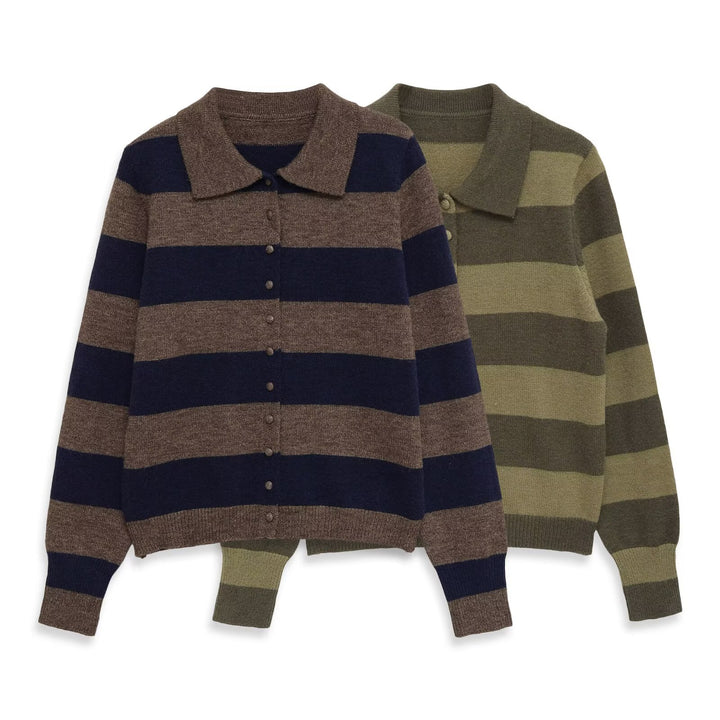 Women's Striped Knitted Cardigan with Shirt Collar and Button Placket Mune Fashion