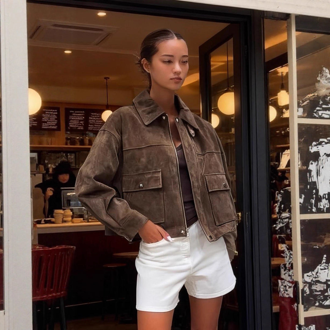 Women's short jacket in field style made of suede look with XXL pockets Mune Fashion