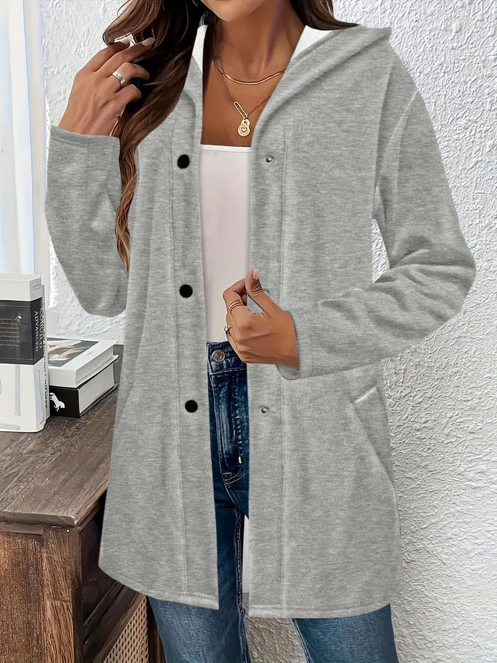 Women's Long Hooded Cardigan with Snap Button Placket, Side Pockets and Relaxed Silhouette Drune