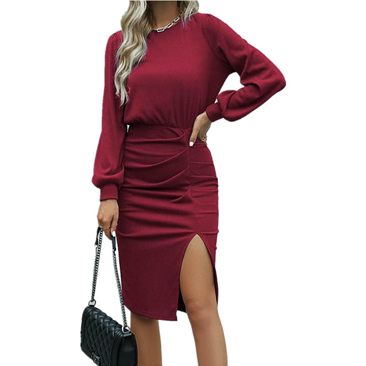 Women's midi dress with fitted wrap effect, long sleeves and high slit Mune Fashion
