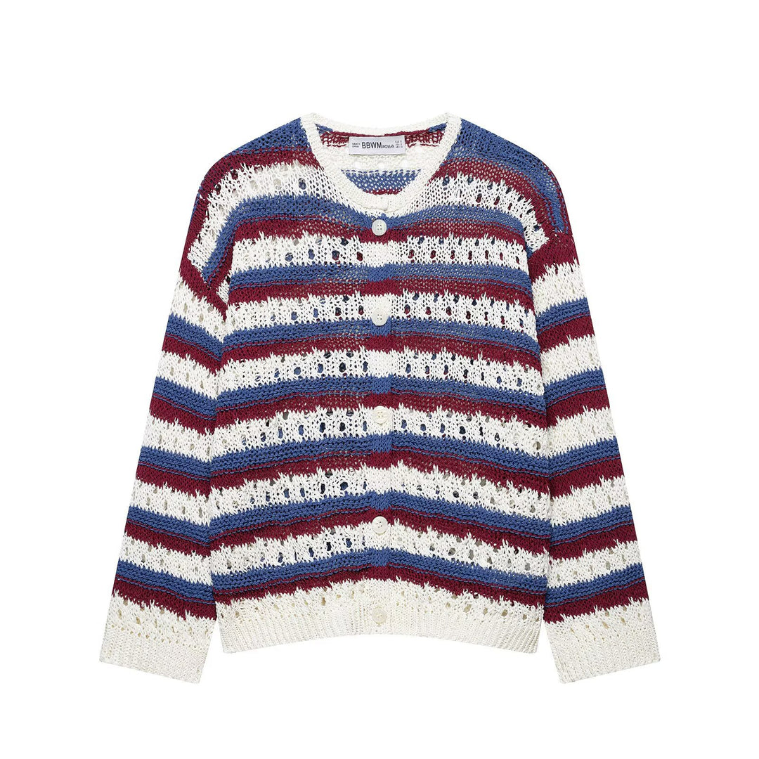 Women's knitted cardigan in ajour-striped pattern with button placket and round neck Mune Fashion