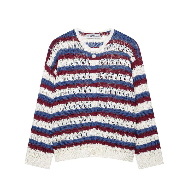 Women's knitted cardigan in ajour-striped pattern with button placket and round neck Mune Fashion