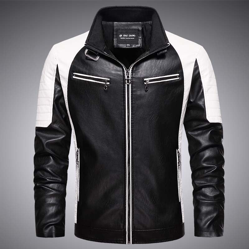 Men's biker faux leather jacket in racing style with stand-up collar and zippered pockets Mune Fashion