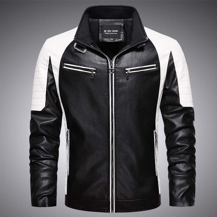 Men's biker faux leather jacket in racing style with stand-up collar and zippered pockets Mune Fashion
