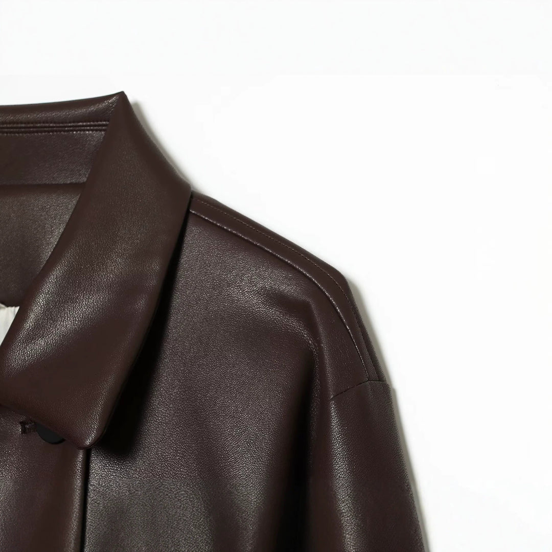 Women's short cut double-breasted faux leather jacket with wide shirt collar Mune Fashion
