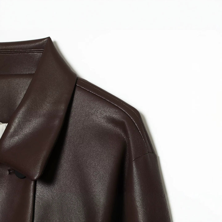 Women's short cut double-breasted faux leather jacket with wide shirt collar Mune Fashion
