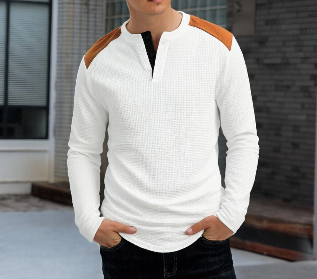 Men's structured Henley long-sleeve shirt with stand-up collar, shoulder piping, and waffle structure Mune Fashion