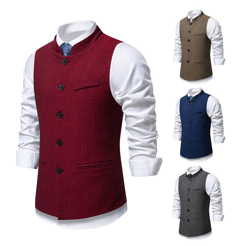 Men's elegant waistcoat with stand-up collar and herringbone pattern made of wool blend Mune Fashion