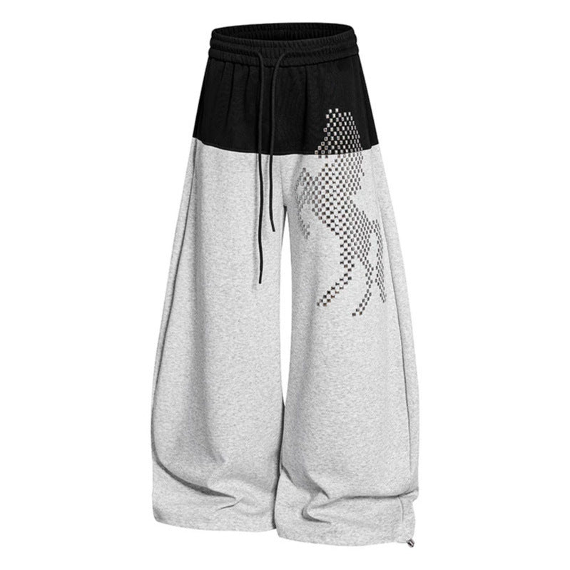 Ladies wide palazzo jogger pants with high elastic waistband, contrasting waistband area and pixelated horse motif Mune Fashion