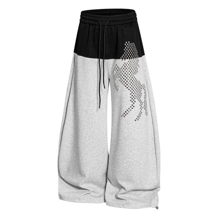 Ladies wide palazzo jogger pants with high elastic waistband, contrasting waistband area and pixelated horse motif Mune Fashion
