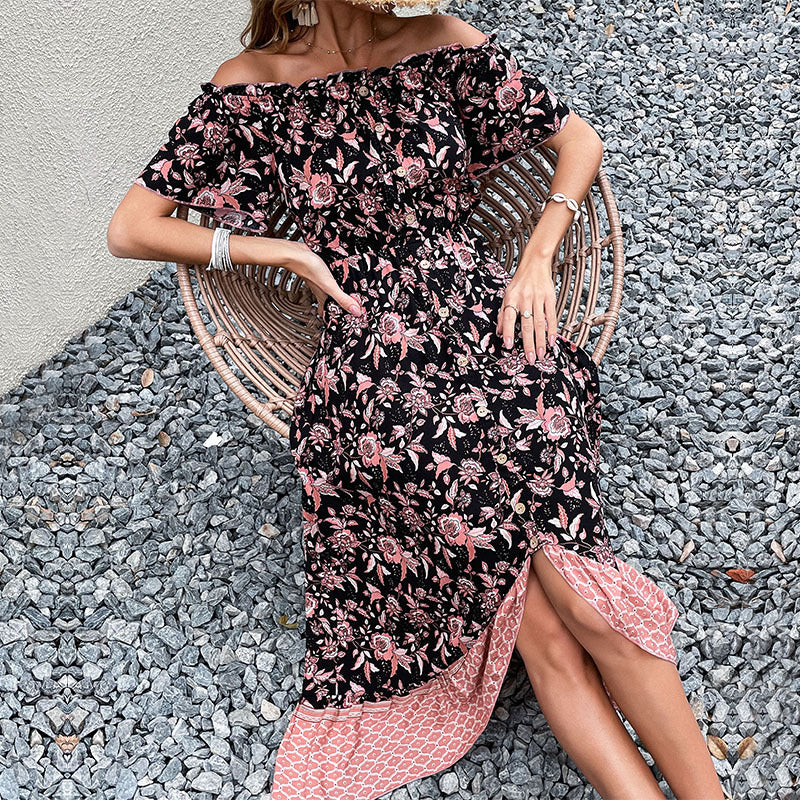 Women's Off-Shoulder Boho Maxi Dress with Elastic Smocked Waist, Floral Patchwork and High Side Slit Mune Fashion