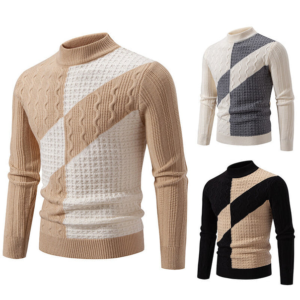 Men's fine knit sweater with cable pattern, diagonal block design, and stand-up collar Mune Fashion