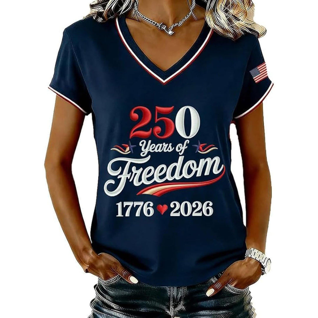 Women’s V-neck Retro Print T-shirt with Eagle Emblem and vintage-inspired Graphic Mune Fashion