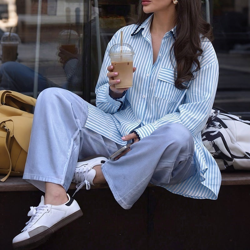 Women's oversized shirt blouse with fine stripes, breast pocket and decorative trim Mune Fashion