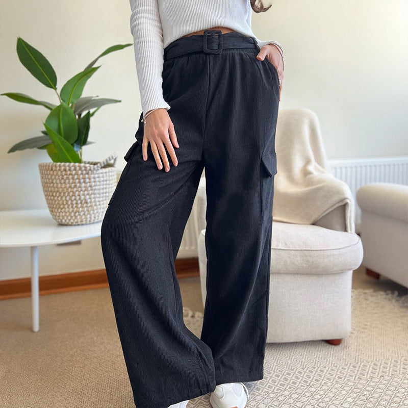 Women's Wide High-Waist Pants with Fabric Belt and Cargo Pockets Mune Fashion