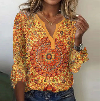 Women's Long Sleeve Blouse with Ornamental Mandala Print and V-Neck