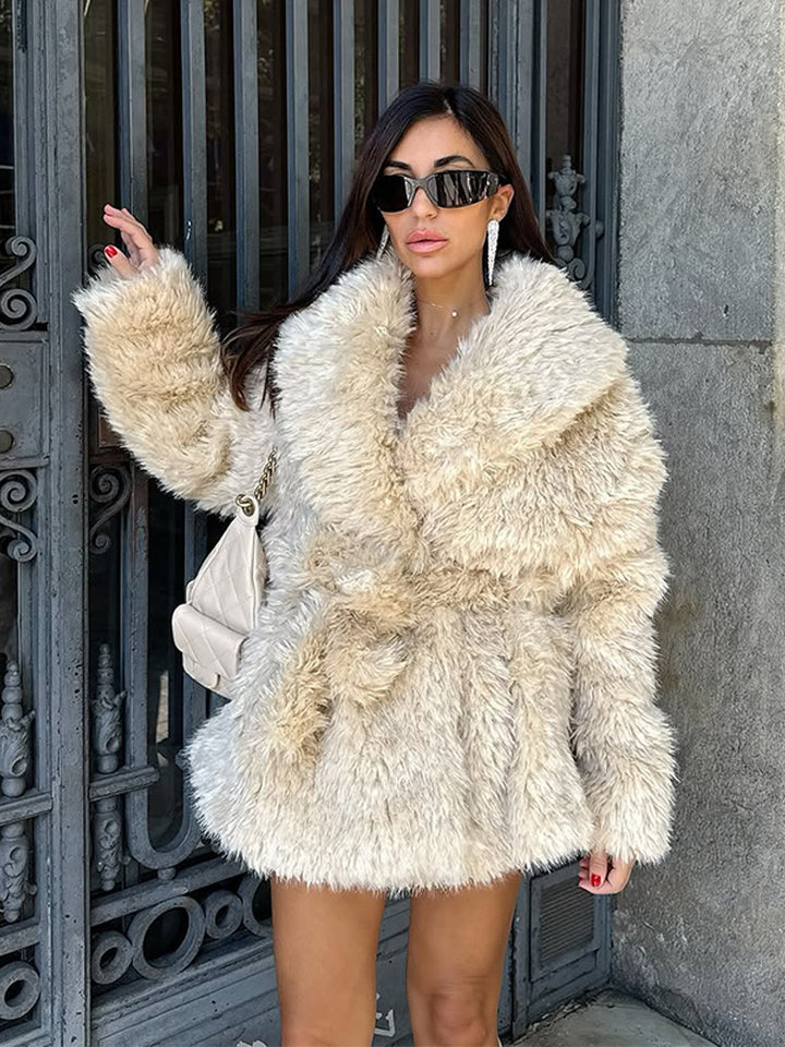 Women Short Cozy Faux Fur Coat with Waist Belt and Voluminous Shawl Collar Mune Fashion