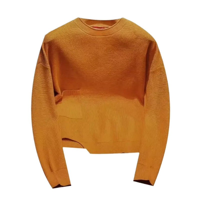 Women's short-cut knitted sweater with irregular hem and round neckline Mune Fashion