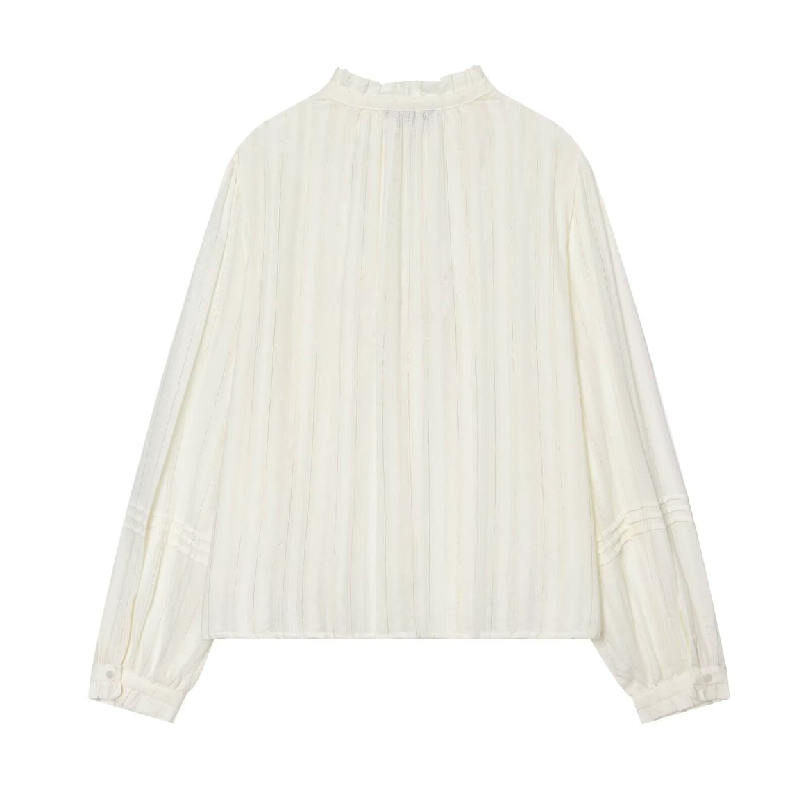 Women's Pleated Blouse with Ruffled Collar, Button Placket and Ribbon Mune Fashion