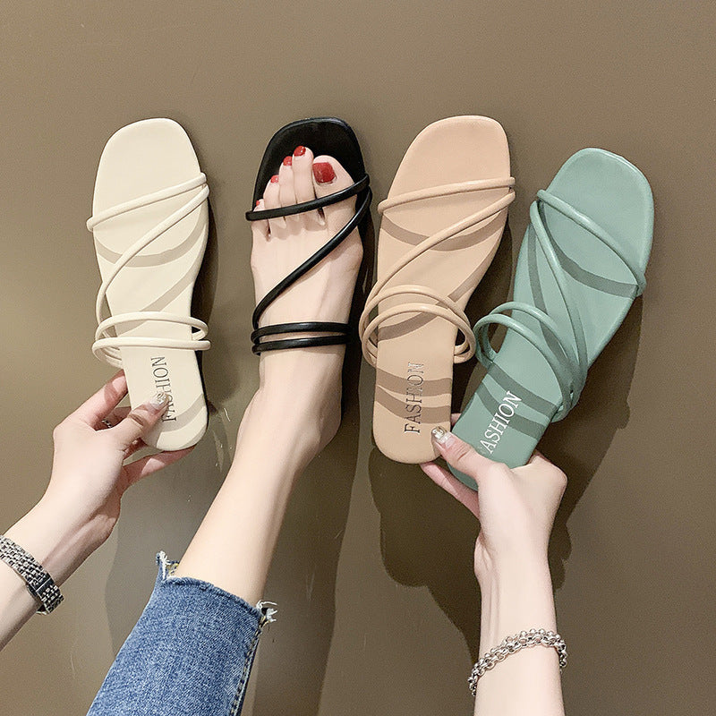 Women's minimalistic slip-on sandals with delicate loop straps and padded comfort footbed Mune Fashion