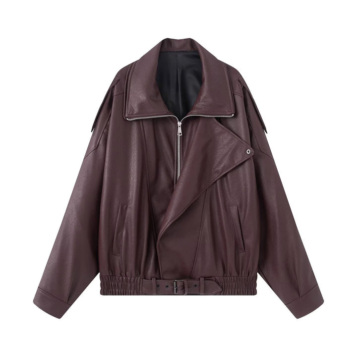 Ladies Oversize Faux Leather Biker Jacket with Asymmetrical Zipper, Belt and Elastic Waist Mune Fashion