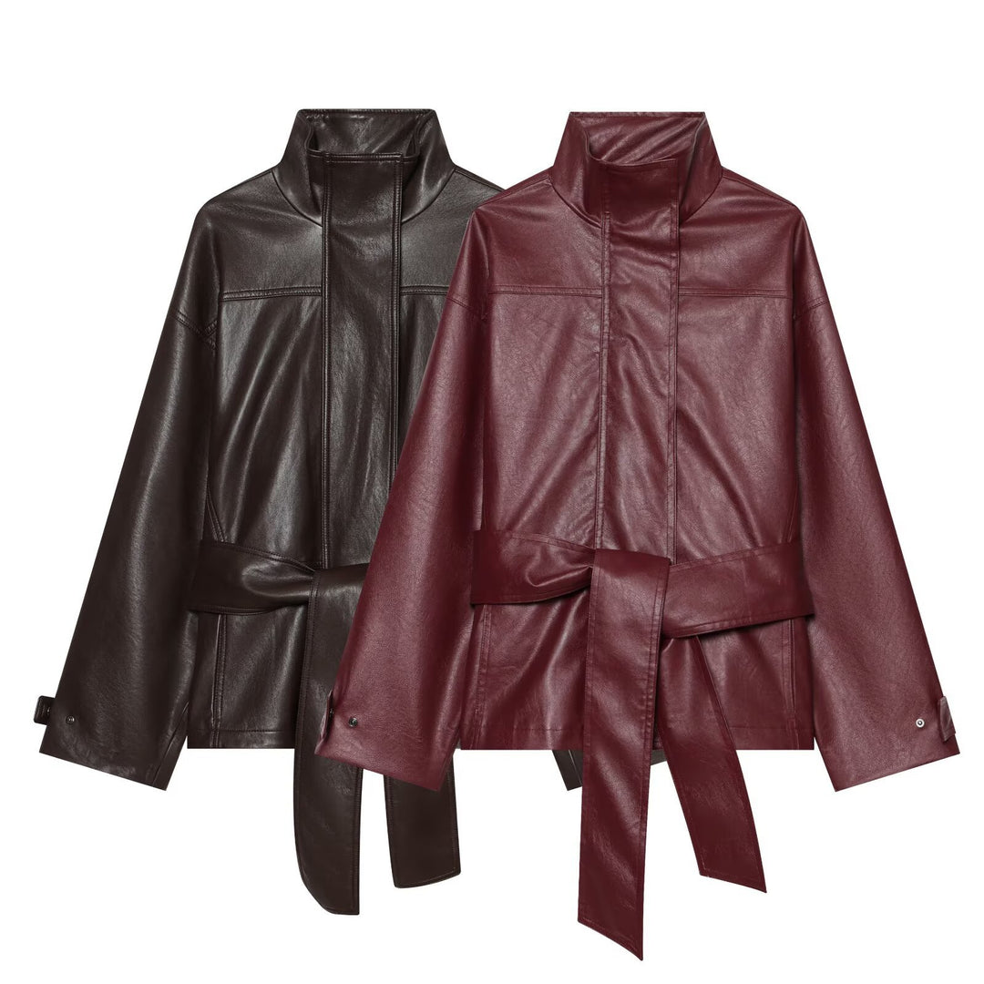 Women Tailored Faux Leather Jacket with High Stand Collar and Tie Belt Mune Fashion