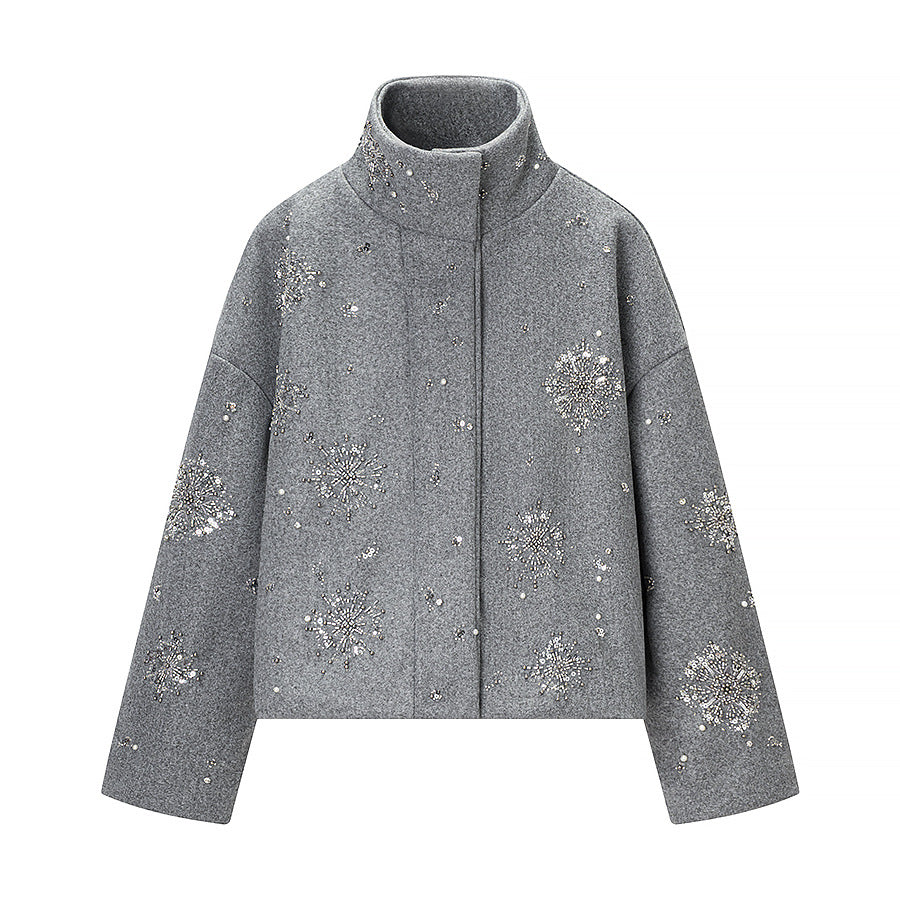 Women's short-cut wool blend coat with stand-up collar and bead sequin embroidery Mune Fashion