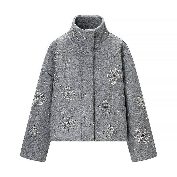 Women's short-cut wool blend coat with stand-up collar and bead sequin embroidery Mune Fashion