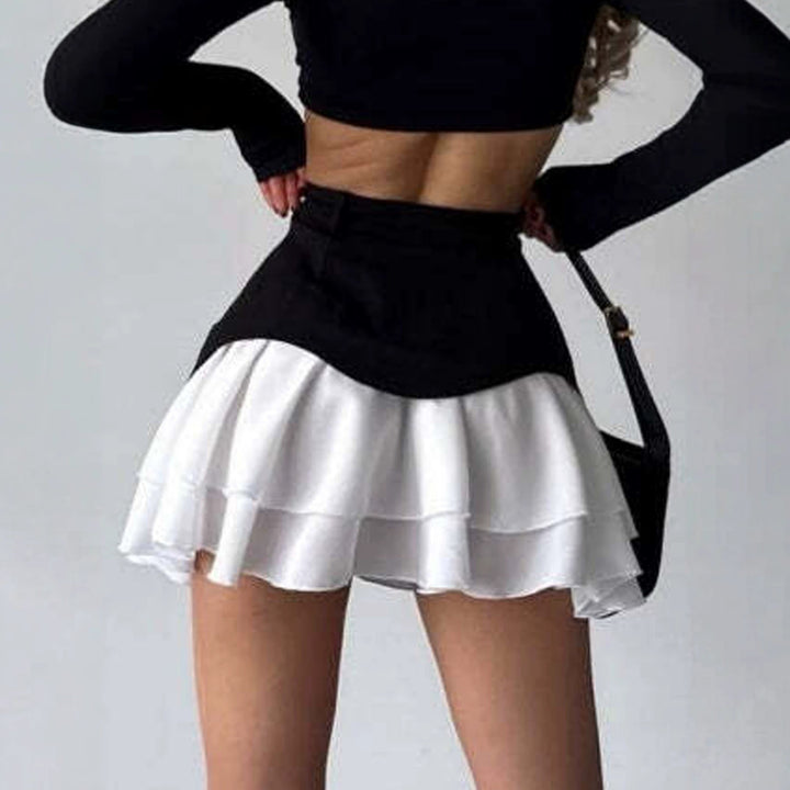 Women's mini skirt with high-waisted corset band and layered ruffles