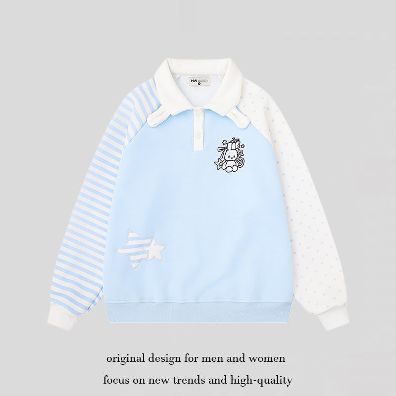 Women's Long Sleeve Polo Sweatshirt in Patchwork Style with Contrasting Sleeves and Star Applications Mune Fashion
