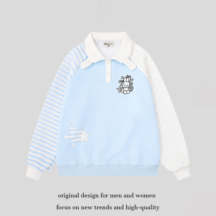 Women's Long Sleeve Polo Sweatshirt in Patchwork Style with Contrasting Sleeves and Star Applications Mune Fashion