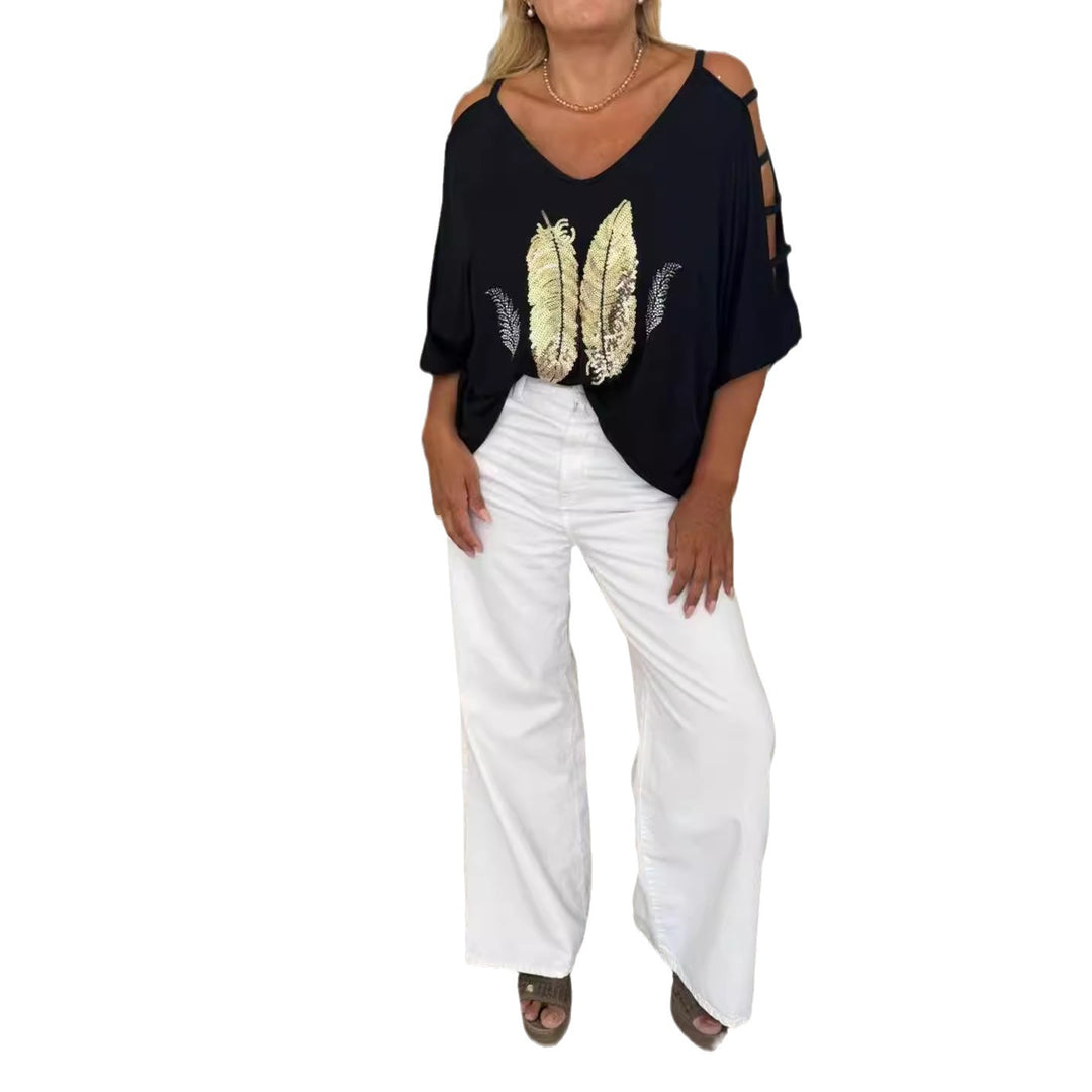 Ladies loose-fitting blouse shirt off-shoulder design with sequin-feather application and split sleeves Mune Fashion