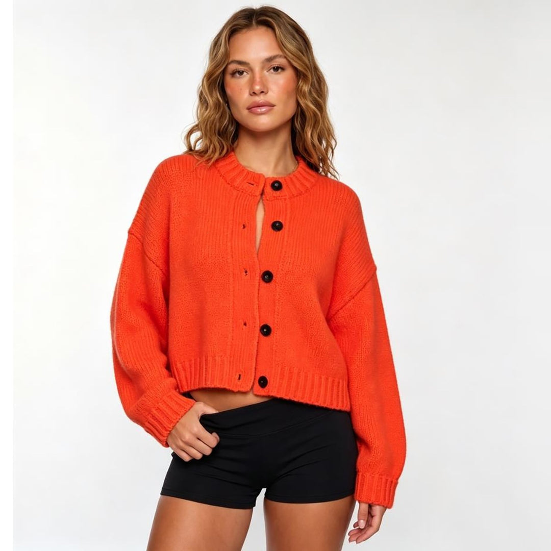 Women Chunky Knit Cropped Cardigan with Dropped Shoulder & Wide Ribbed Cuffs Mune Fashion