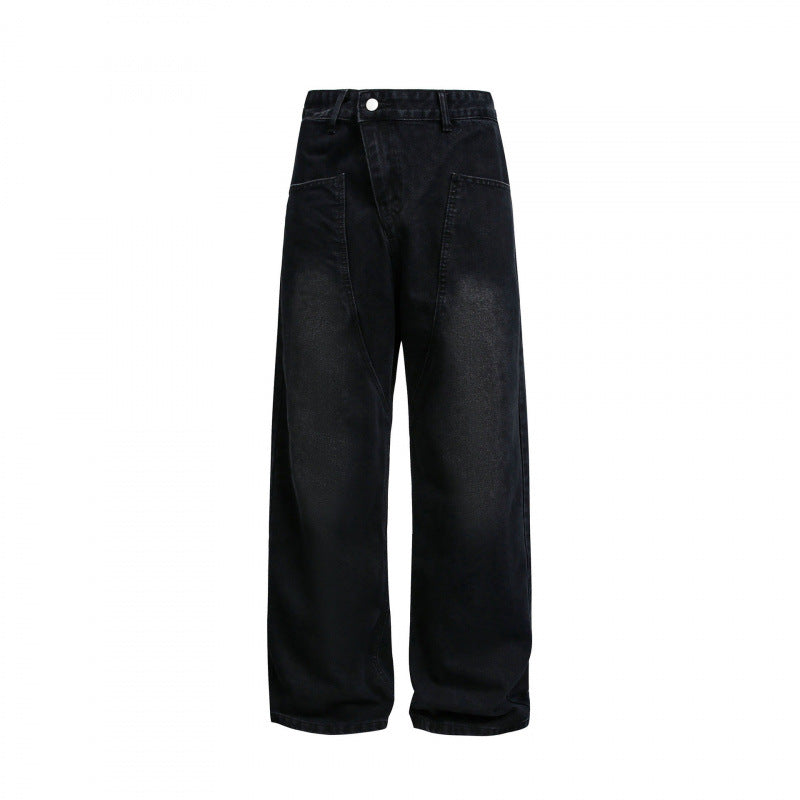 Women's wide high-waisted baggy jeans with curved front seams and patch pockets Mune Fashion