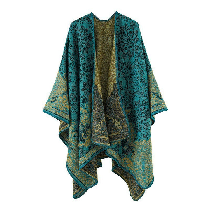 Women's Ornamental Jacquard Cape Poncho with Open Fall and Decorative Overlock Stitch Mune Fashion