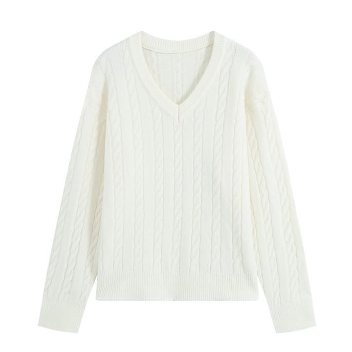 Women's Oversize Cable Knit Sweater with V-Neck and Wide Ribbed Cuff Mune Fashion