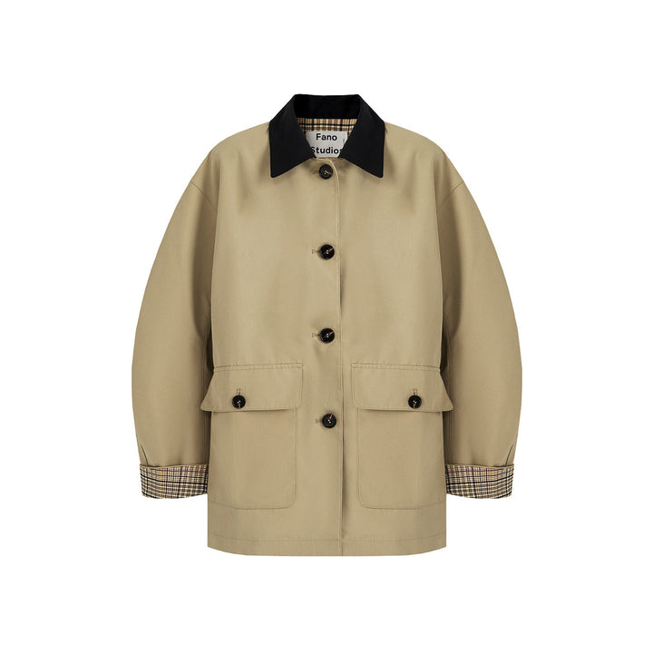 Women's Short Trench Coat with Check Lining and Contrast Collar Mune Fashion