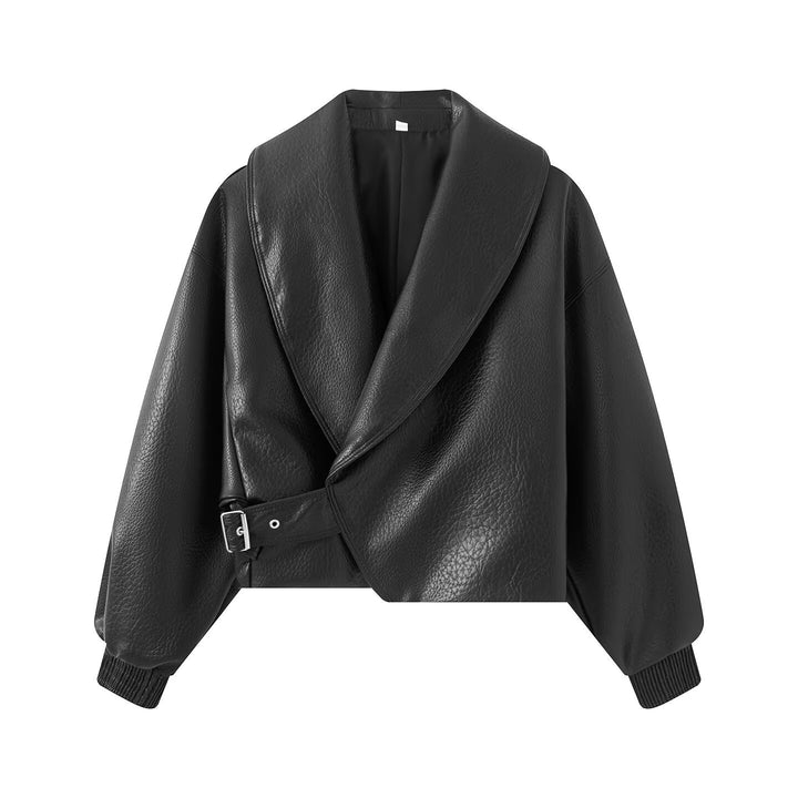 Women's Short Cut Wrap Jacket made of Leather Look with Large Shawl Collar and Waist Belt Mune Fashion