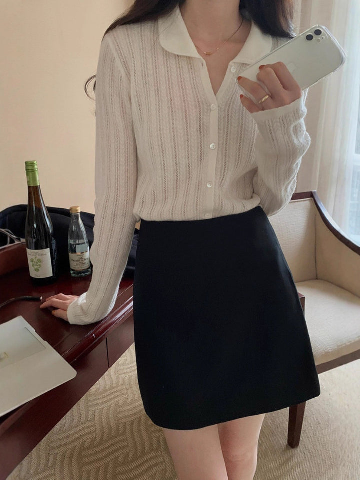 Women's Lightweight Openwork Knit Cardigan with Shirt Collar and Fine Cable Knit Texture Mune Fashion