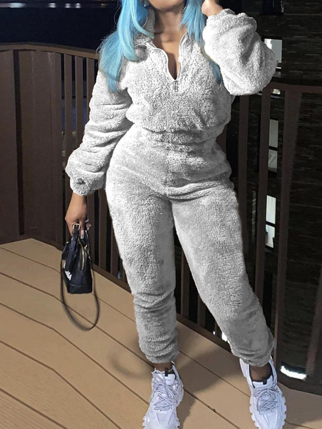 Ladies cozy teddy fleece two-piece with half zip and high-waist joggers Mune Fashion